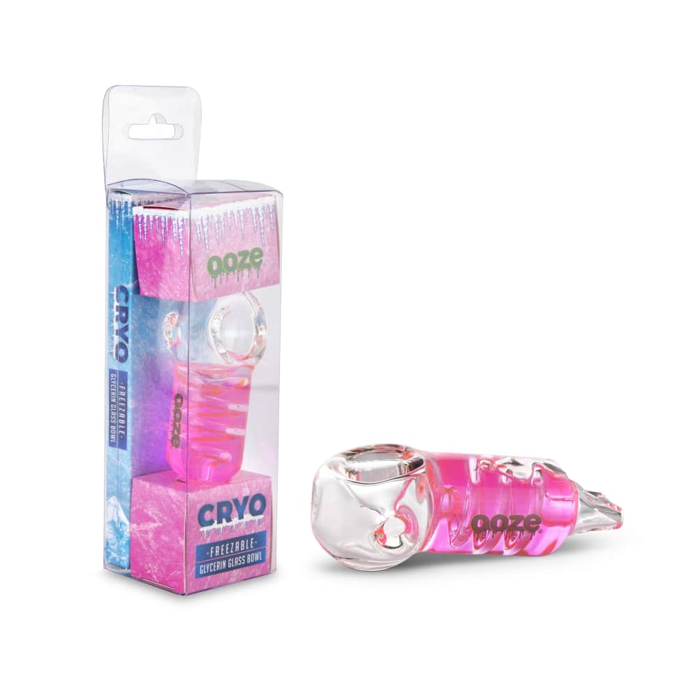 Front view of the Ooze Cryo Freezable Glycerin Glass Bowl, showcasing its clear glass construction and unique, rounded shape.