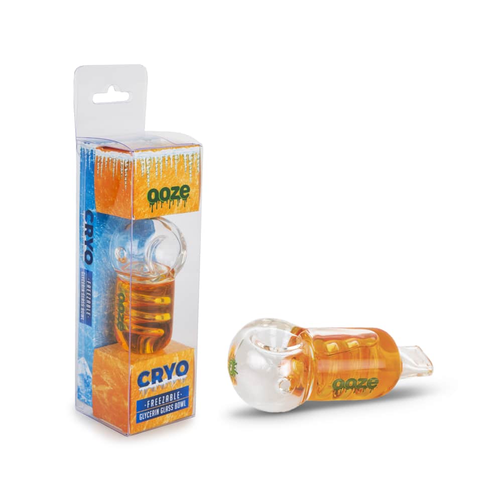 Front view of the Ooze Cryo Freezable Glycerin Glass Bowl, showcasing its clear glass construction and rounded shape.