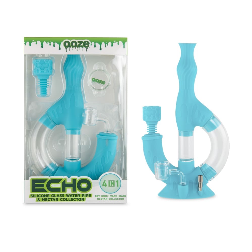 A front view of the Ooze Echo Silicone Water Pipe, showcasing the translucent blue and clear design against a plain white background.
