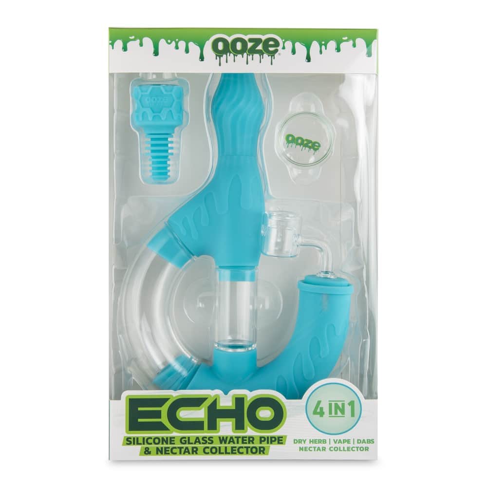 Front view of the Ooze Echo Silicone Water Pipe, showcasing a textured, blue design with a visible joint and branded packaging.