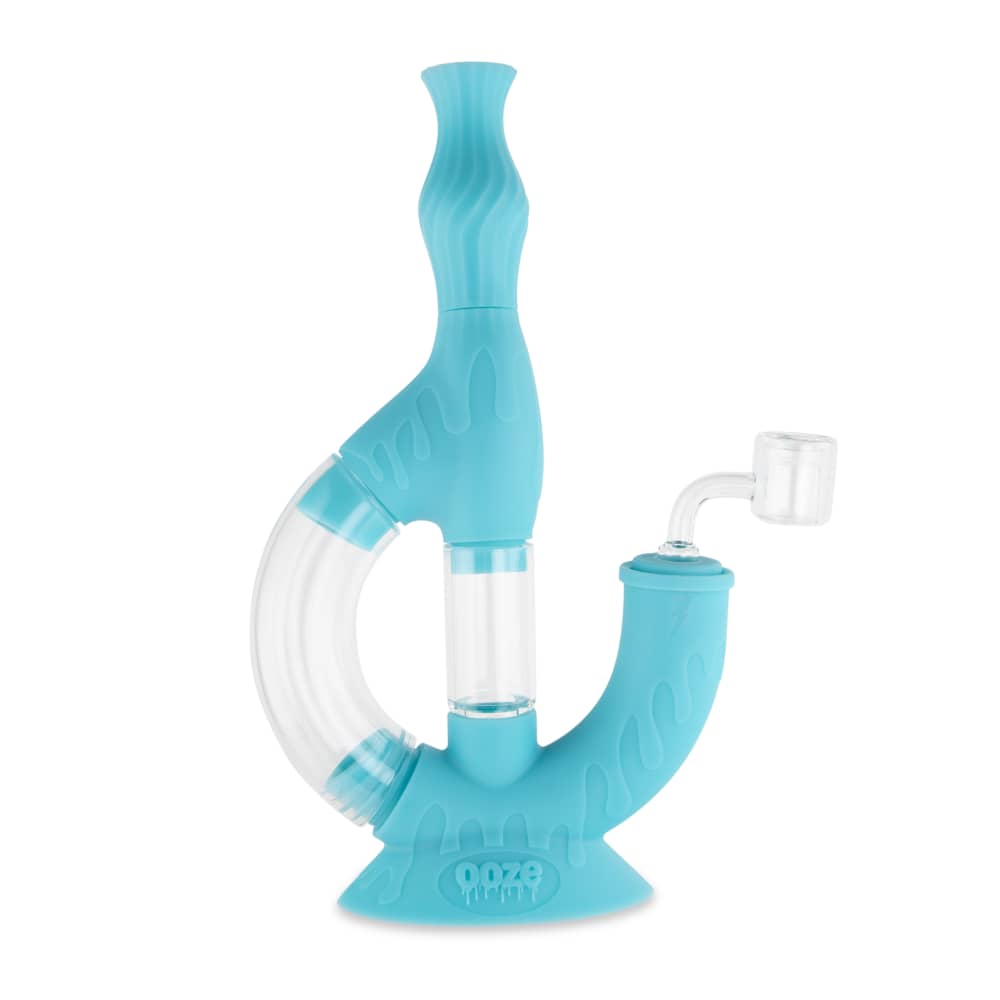 A studio shot of the Ooze Echo Silicone Water Pipe, featuring a curved, clear glass body with a visible mouthpiece and joint.