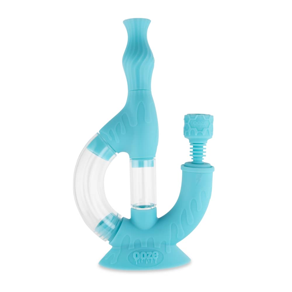 A studio shot of the Ooze Echo Silicone Water Pipe, showcasing its curved design and translucent material against a plain white backdrop.