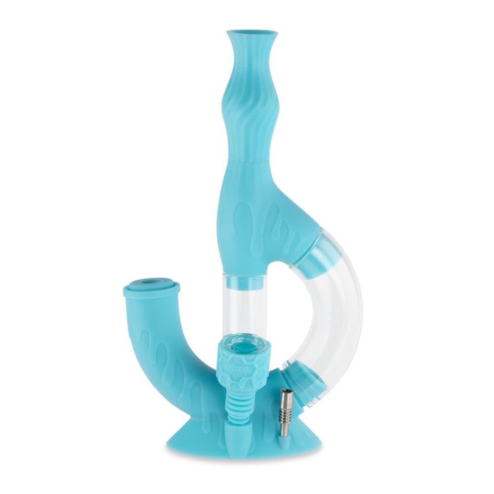 A front view of the Ooze Echo Silicone Water Pipe, showcasing its clear, curved design against a plain white backdrop.