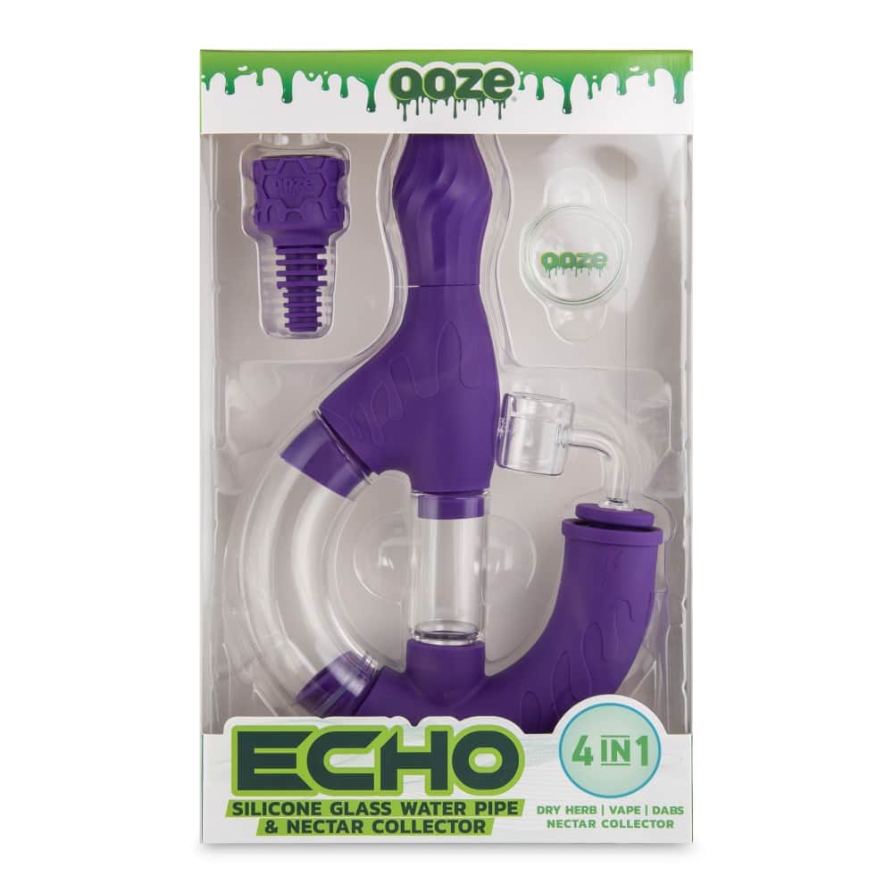 Front view of the Ooze Echo Silicone Water Pipe, a vibrant purple pipe against a black backdrop, highlighting its unique design.
