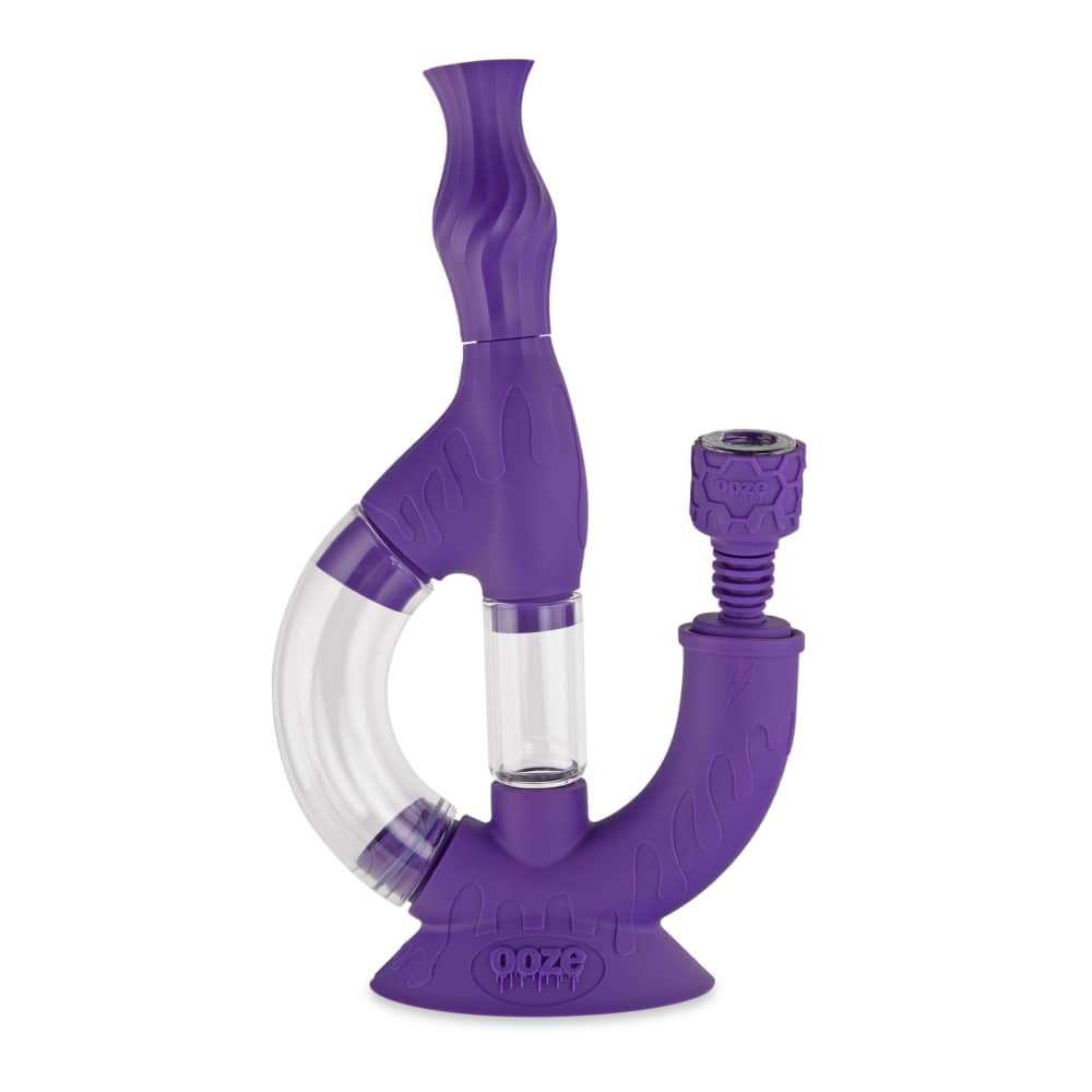 A studio shot of the Ooze Echo Silicone Water Pipe, showcasing its curved neck and purple hue against a plain white background.