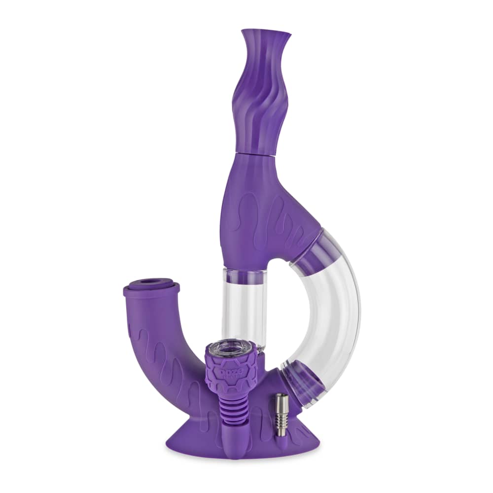 Front view of the Ooze Echo Silicone Water Pipe, showing a purple, curved pipe with a clear glass tube.