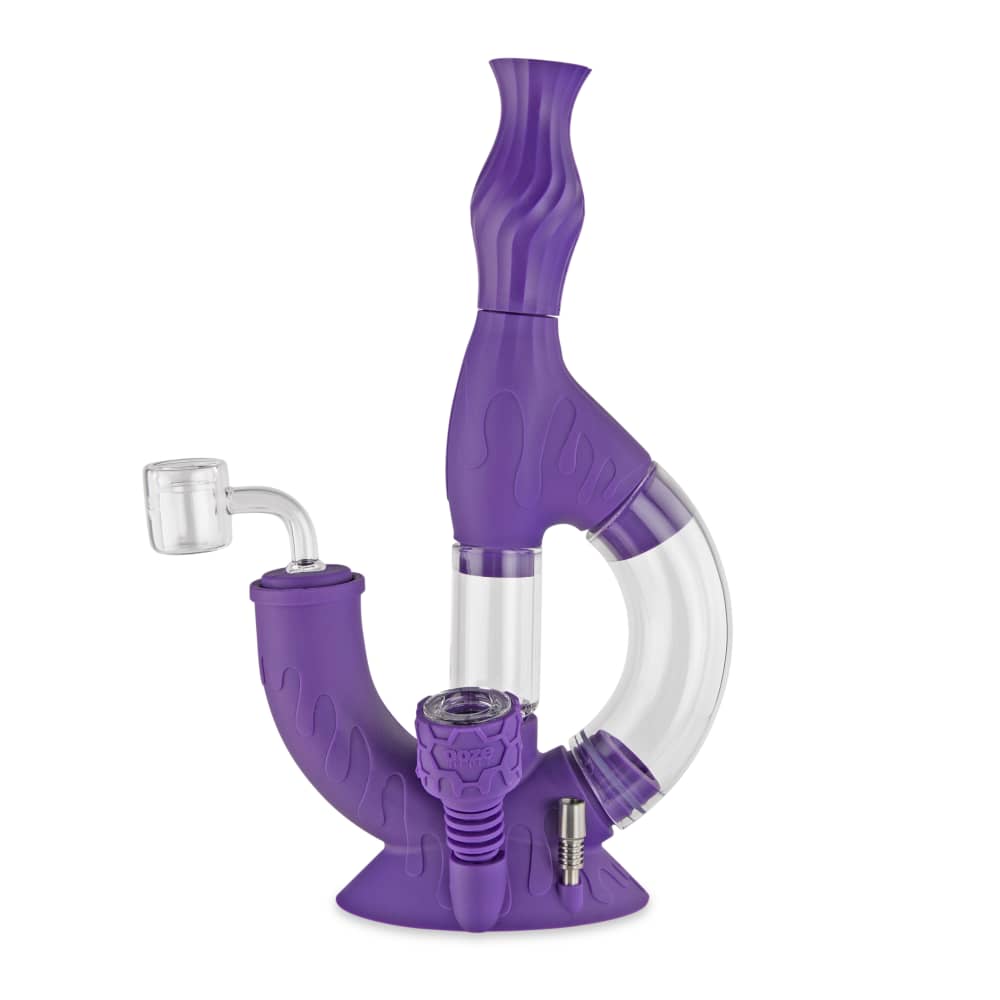 Front view of the Ooze Echo Silicone Water Pipe, showcasing its purple, curved design and clear mouthpiece.