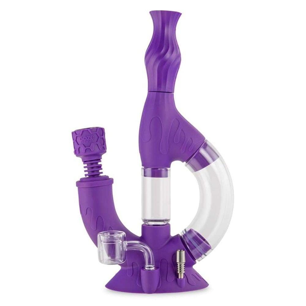 A front view of the purple Ooze Echo Silicone Water Pipe, showcasing its curved design and transparent accents.