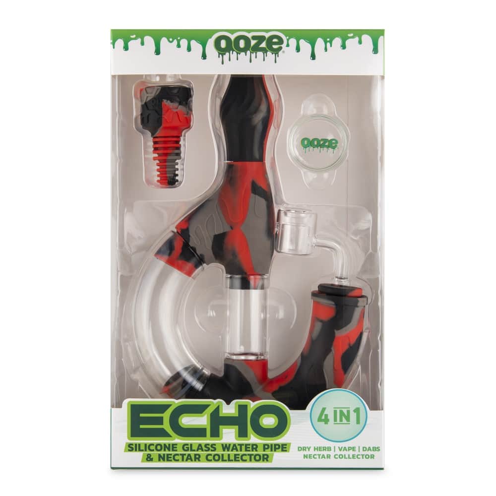 A front view of the Ooze Echo Silicone Water Pipe with a red and clear design, set against a black backdrop.