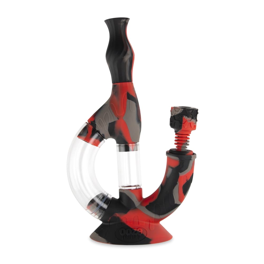 Front view of the Ooze Echo Silicone Water Pipe, featuring a black and clear design with a curved neck and visible water chamber.