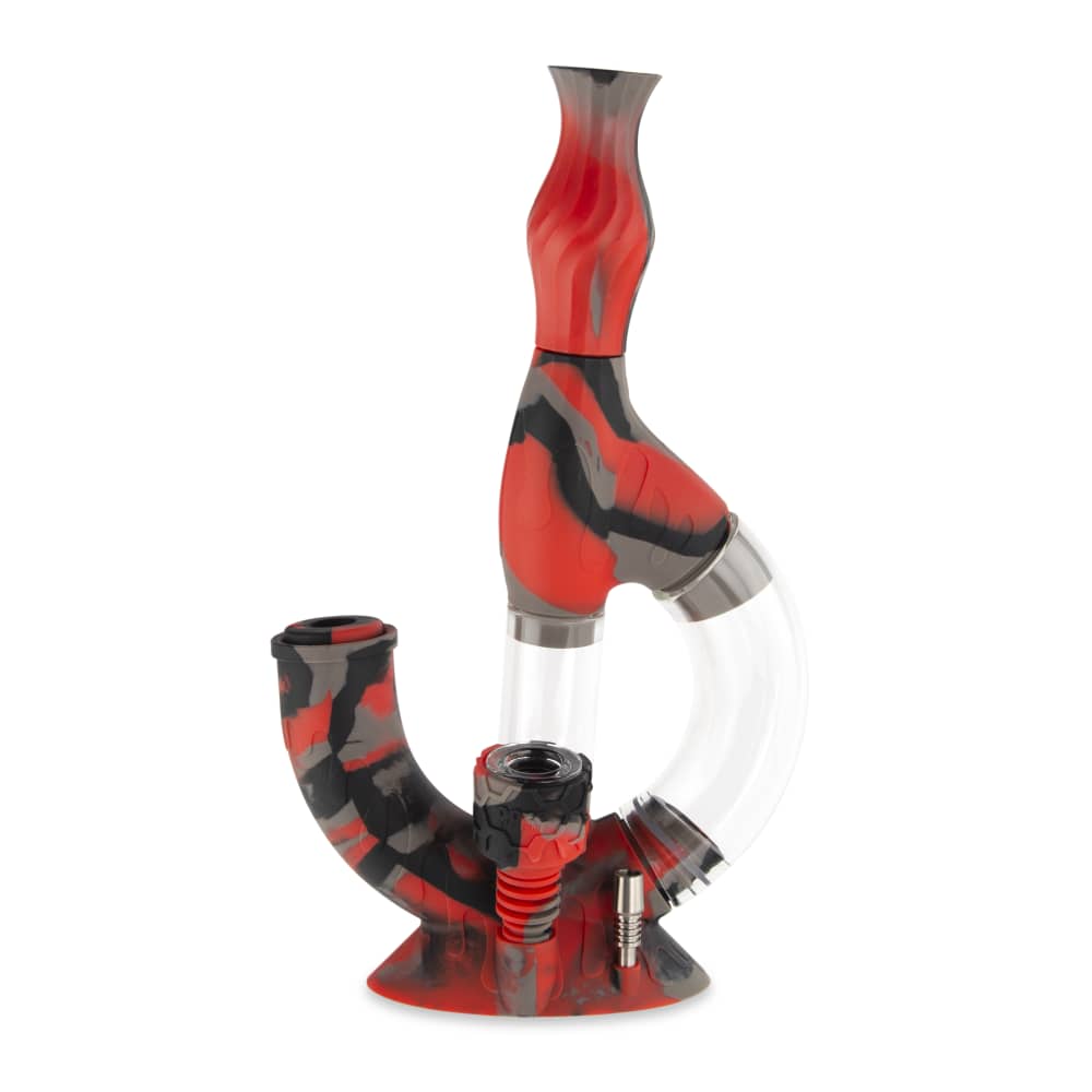 Front view of the Ooze Echo Silicone Water Pipe, showcasing the red and clear glass construction with a curved neck design.