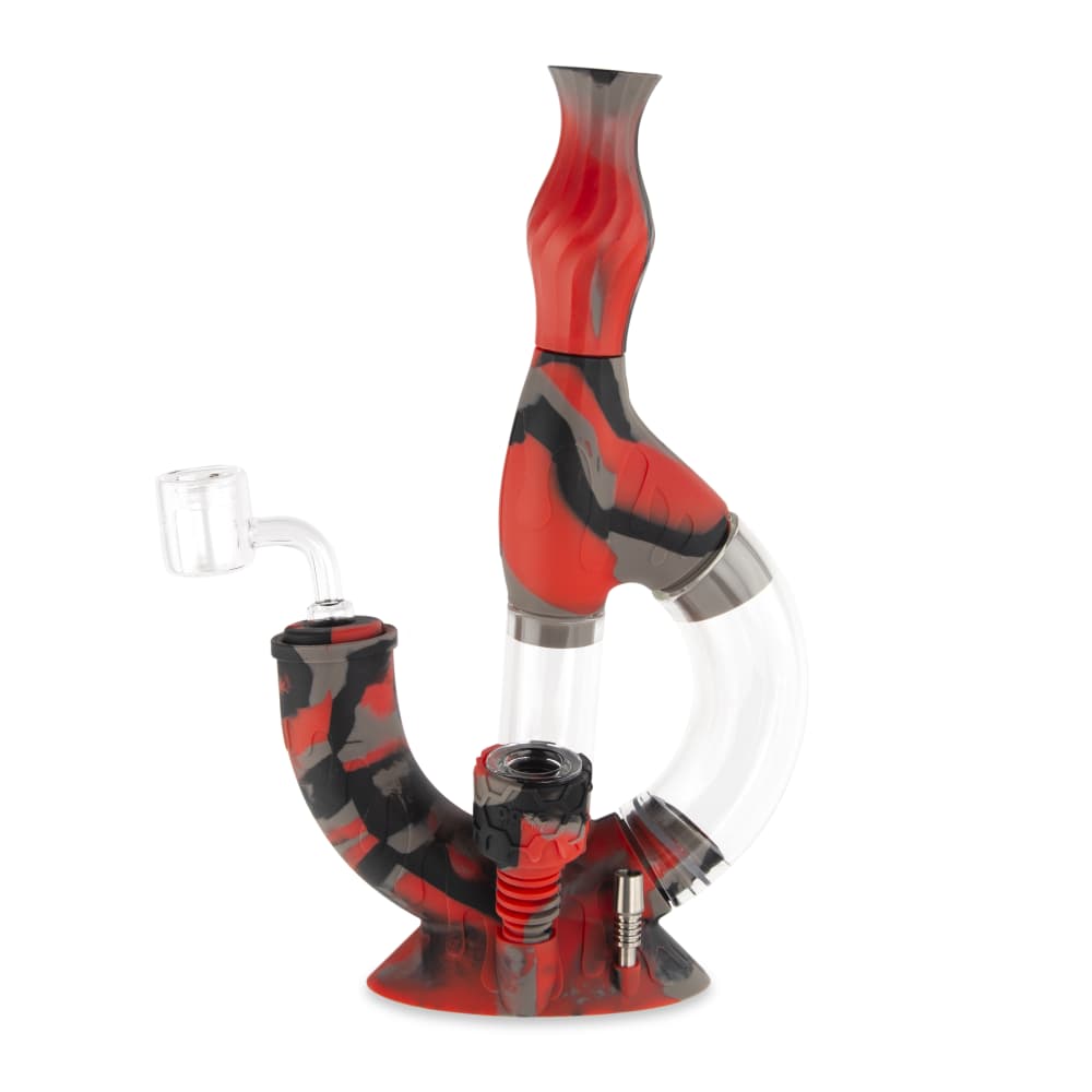 Front view of the Ooze Echo Silicone Water Pipe, a red and clear water pipe with a curved neck and visible joint.