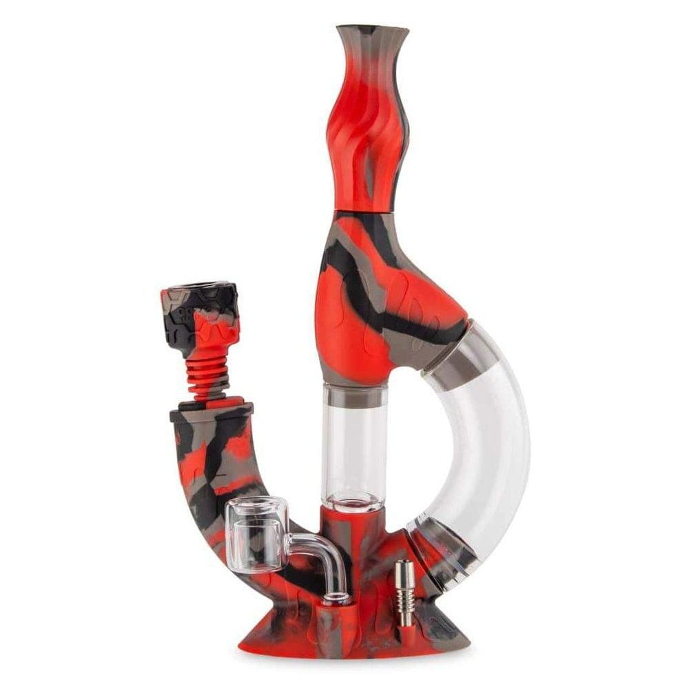 Front view of the Ooze Echo Silicone Water Pipe, a red and clear glass pipe with a unique curved design.