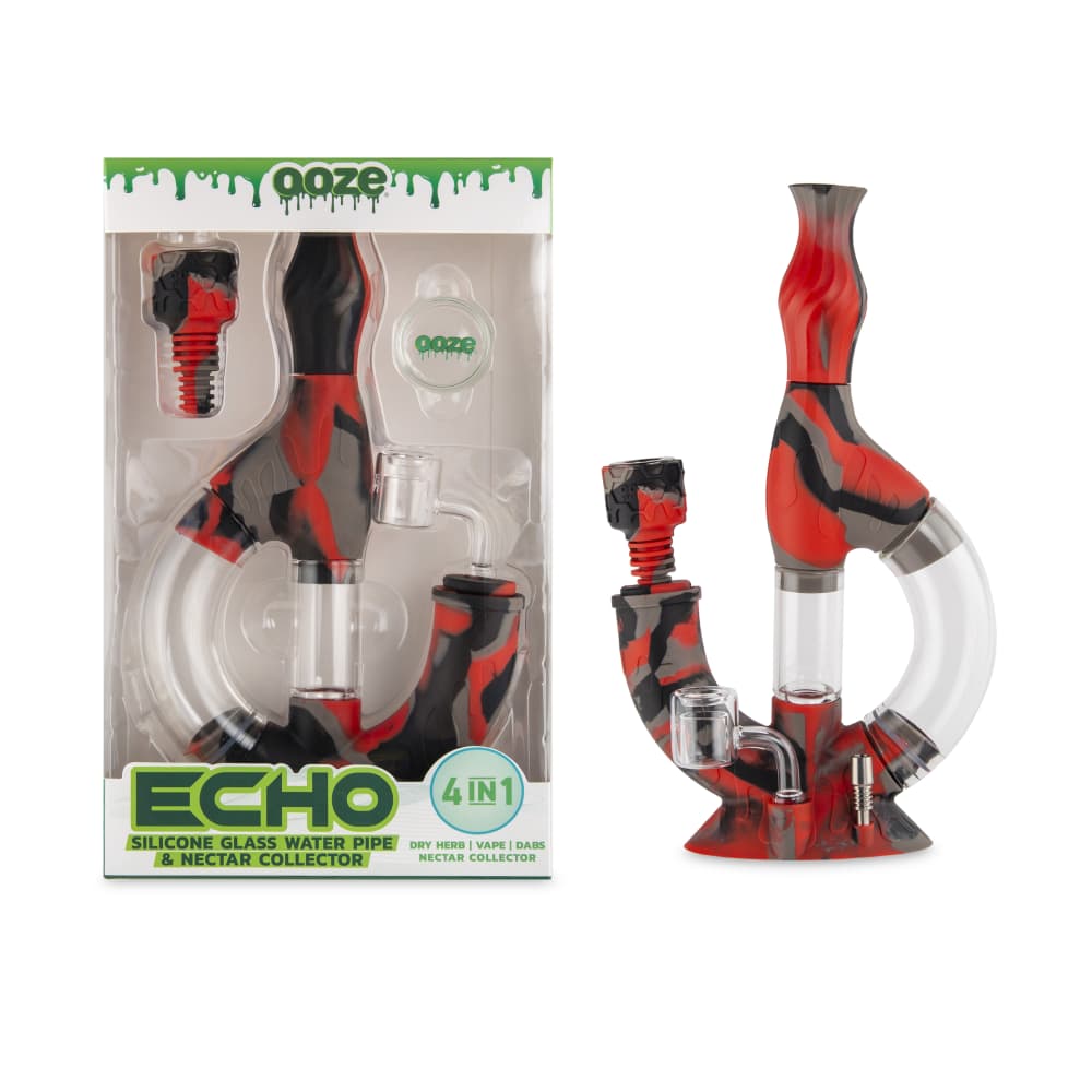 Front view of the Ooze Echo Silicone Water Pipe, showcasing its vibrant red design and curved neck against a dark background.