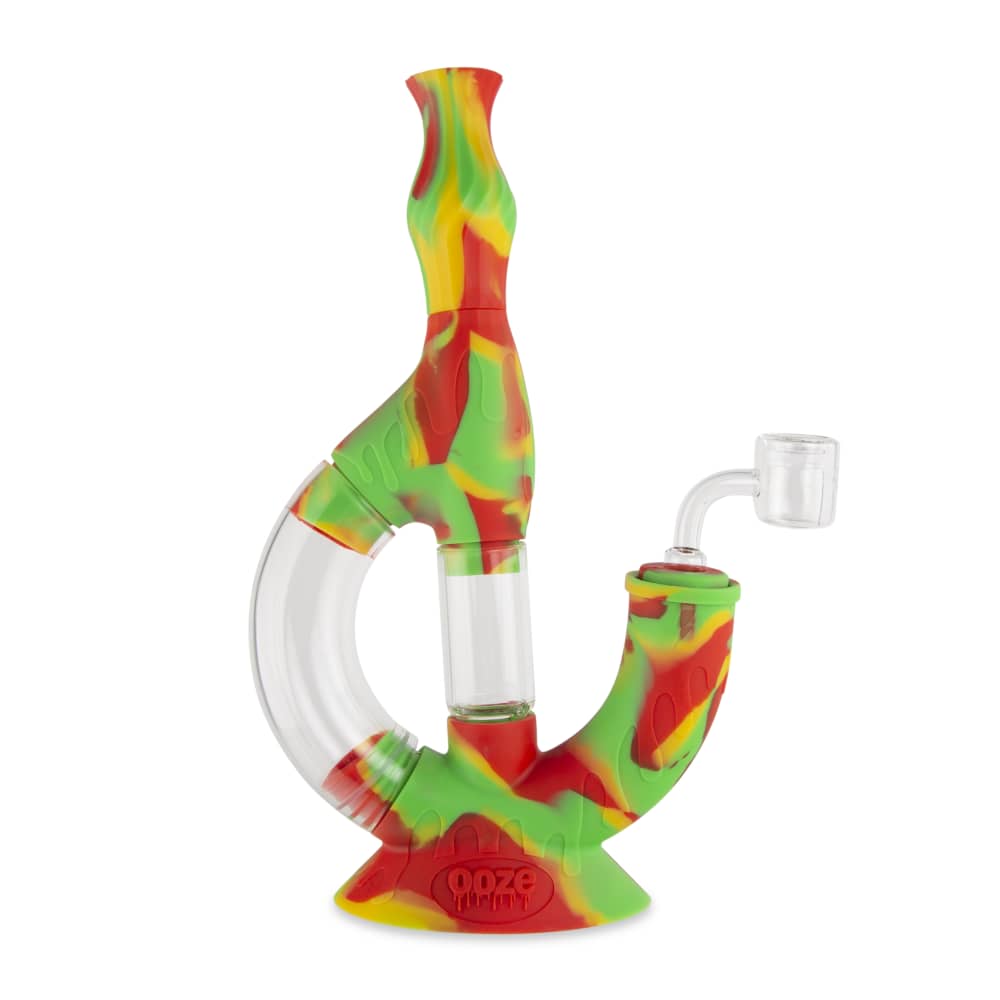 Front view of the Ooze Echo Silicone Water Pipe, showcasing its colorful, curved design and clear glass downstem.