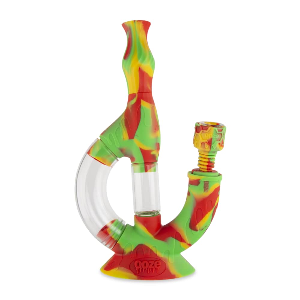 Front view of the Ooze Echo Silicone Water Pipe, featuring a colorful, patterned design and a clear glass bowl.
