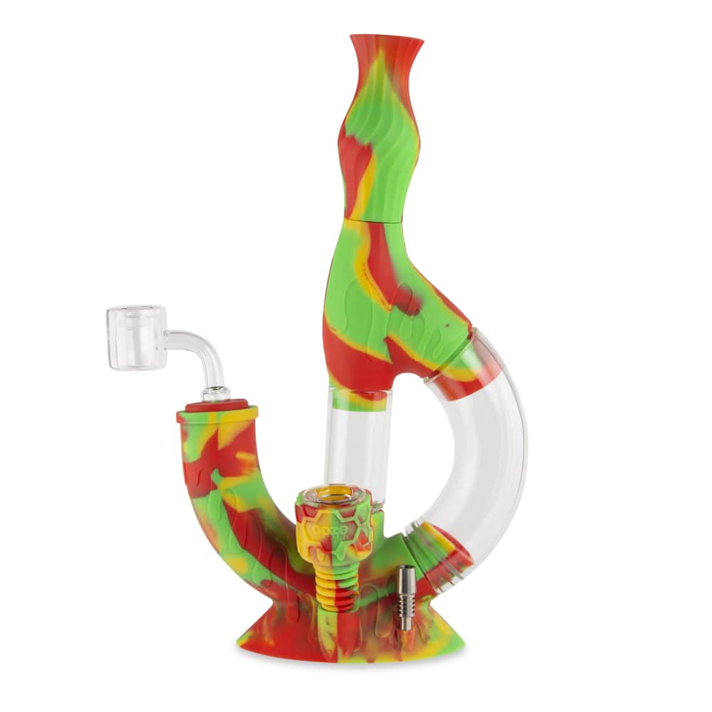 Front view of the Ooze Echo Silicone Water Pipe, a colorful, patterned pipe with a curved neck and clear glass downstem.