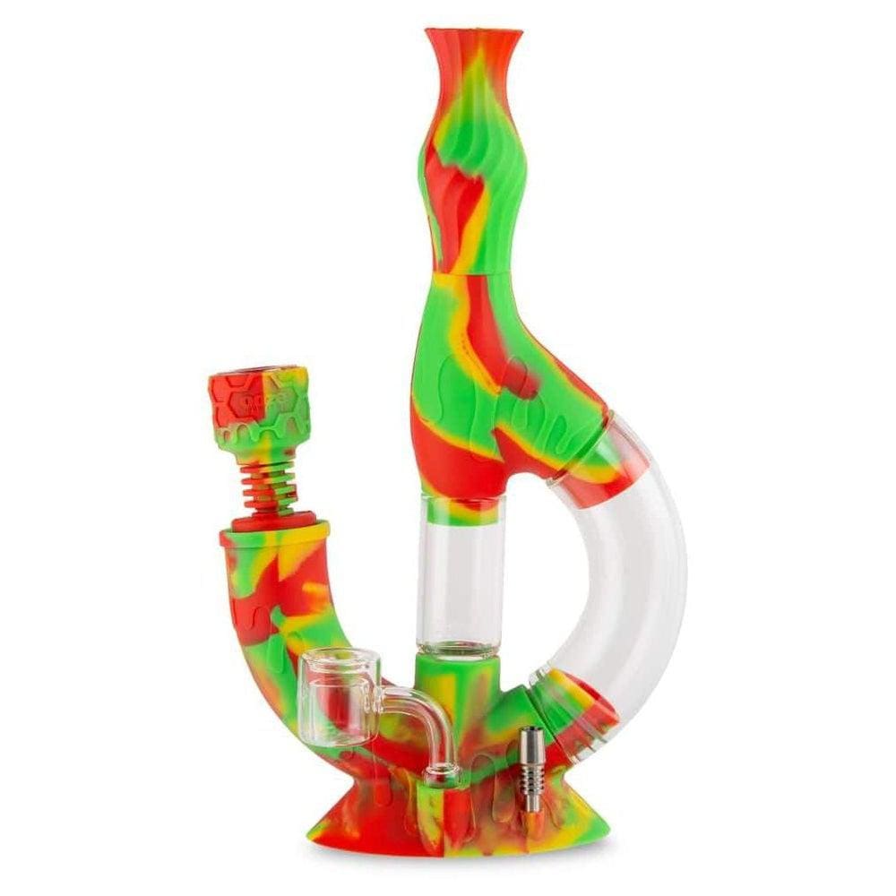 Front view of the Ooze Echo Silicone Water Pipe, showcasing the colorful, patterned silicone body and clear glass downstem.