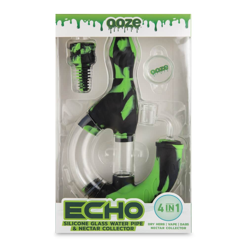 Front view of the Ooze Echo Silicone Water Pipe, showcasing its clear, colorful design against a dark background.