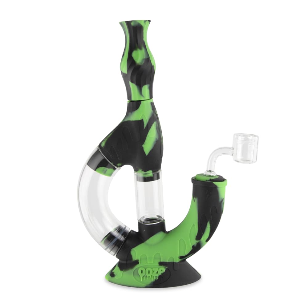 A front view of the Ooze Echo Silicone Water Pipe, showing its curved shape and clear glass joint.