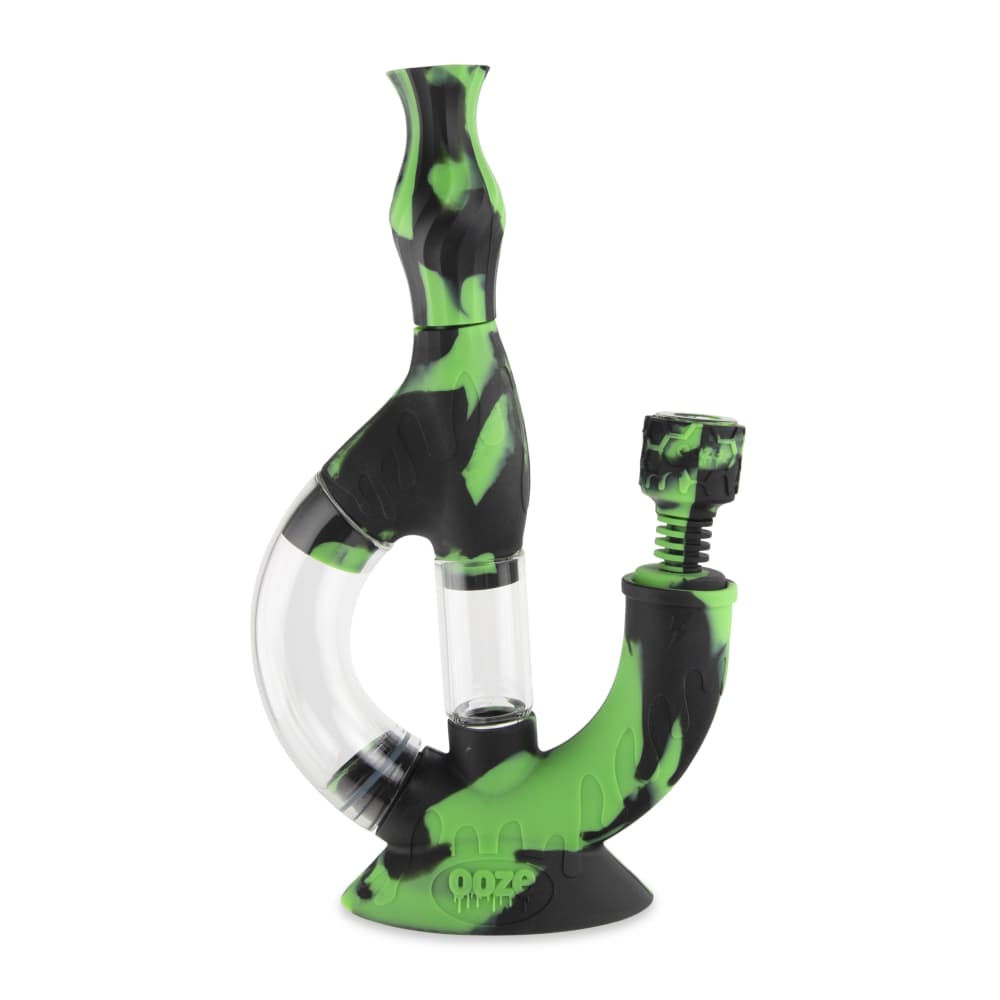 A front view of the Ooze Echo Silicone Water Pipe, showing its curved design and textured, dark-colored silicone material.