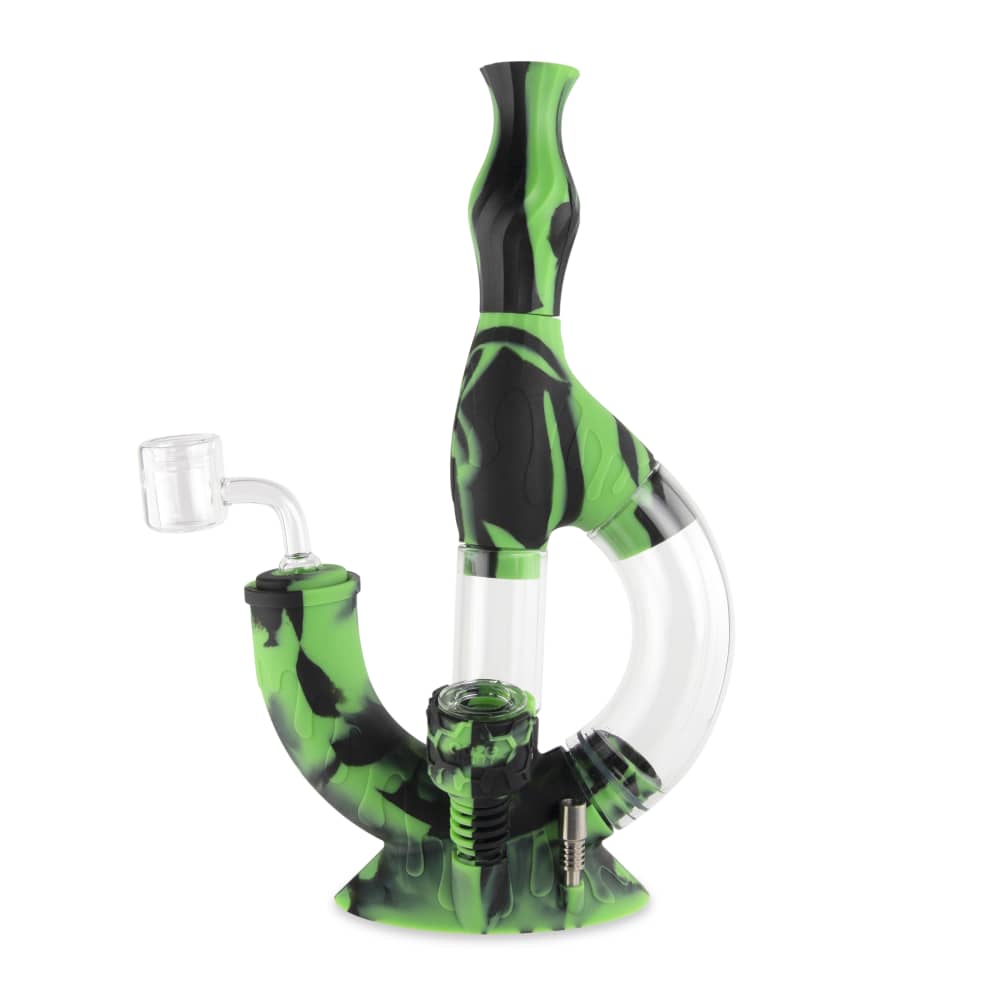 Front view of the Ooze Echo Silicone Water Pipe, showcasing its curved design and clear glass construction.