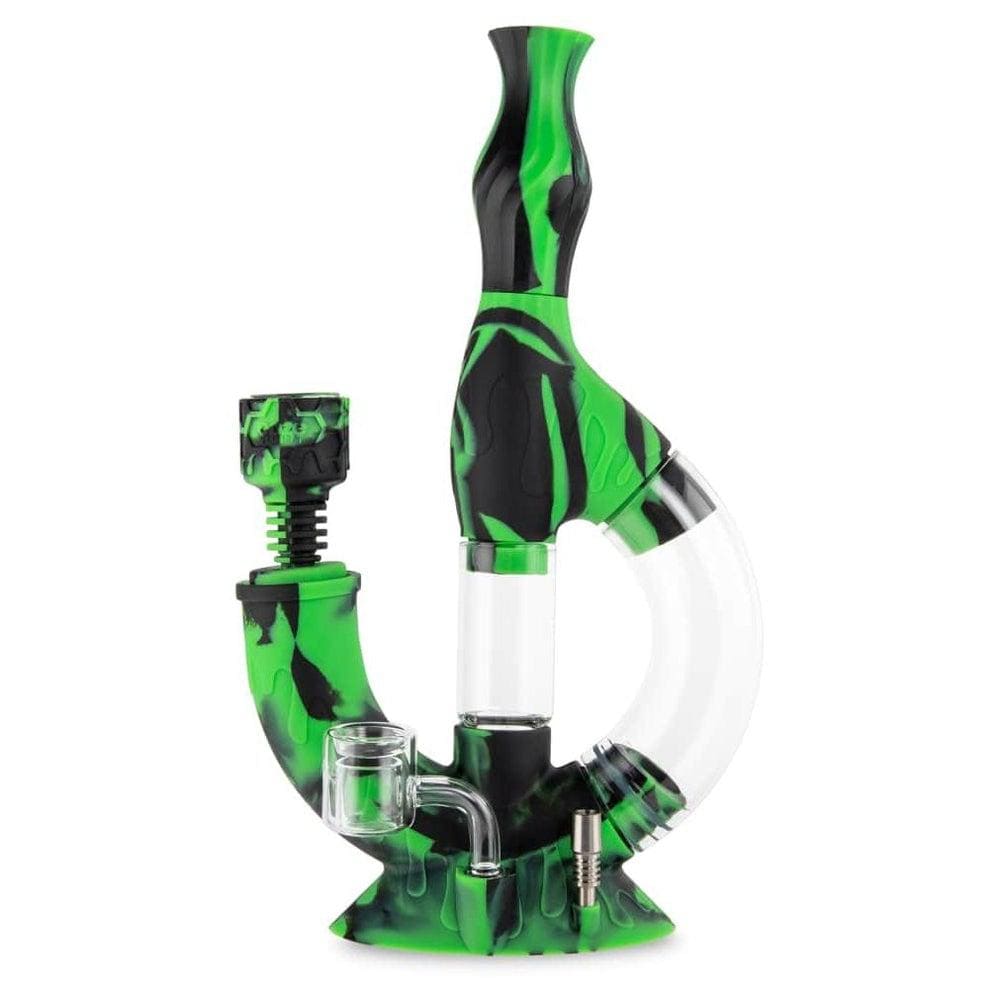 Front view of the Ooze Echo Silicone Water Pipe, a green and clear water pipe with a textured surface and angled neck.