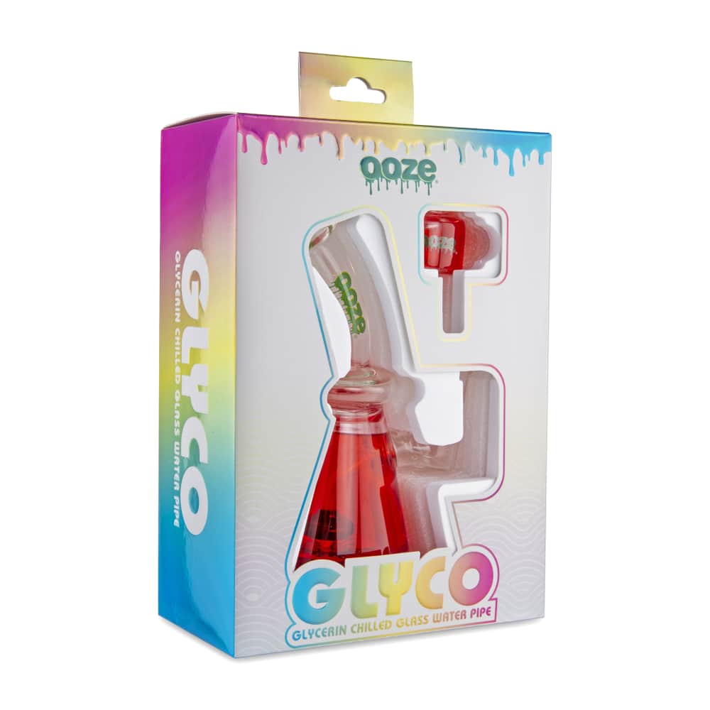 Front view of the Ooze Glyco Bong Glycerin Chilled Glass Water Pipe, showing a clear glass piece with a curved neck and branding.