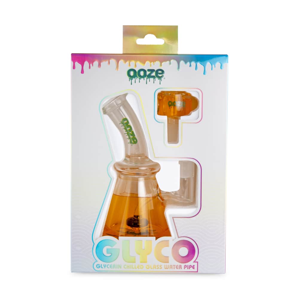 A front view of the Ooze Glyco Bong Glycerin Chilled Glass Water Pipe, showcasing its clear glass construction and unique shape.