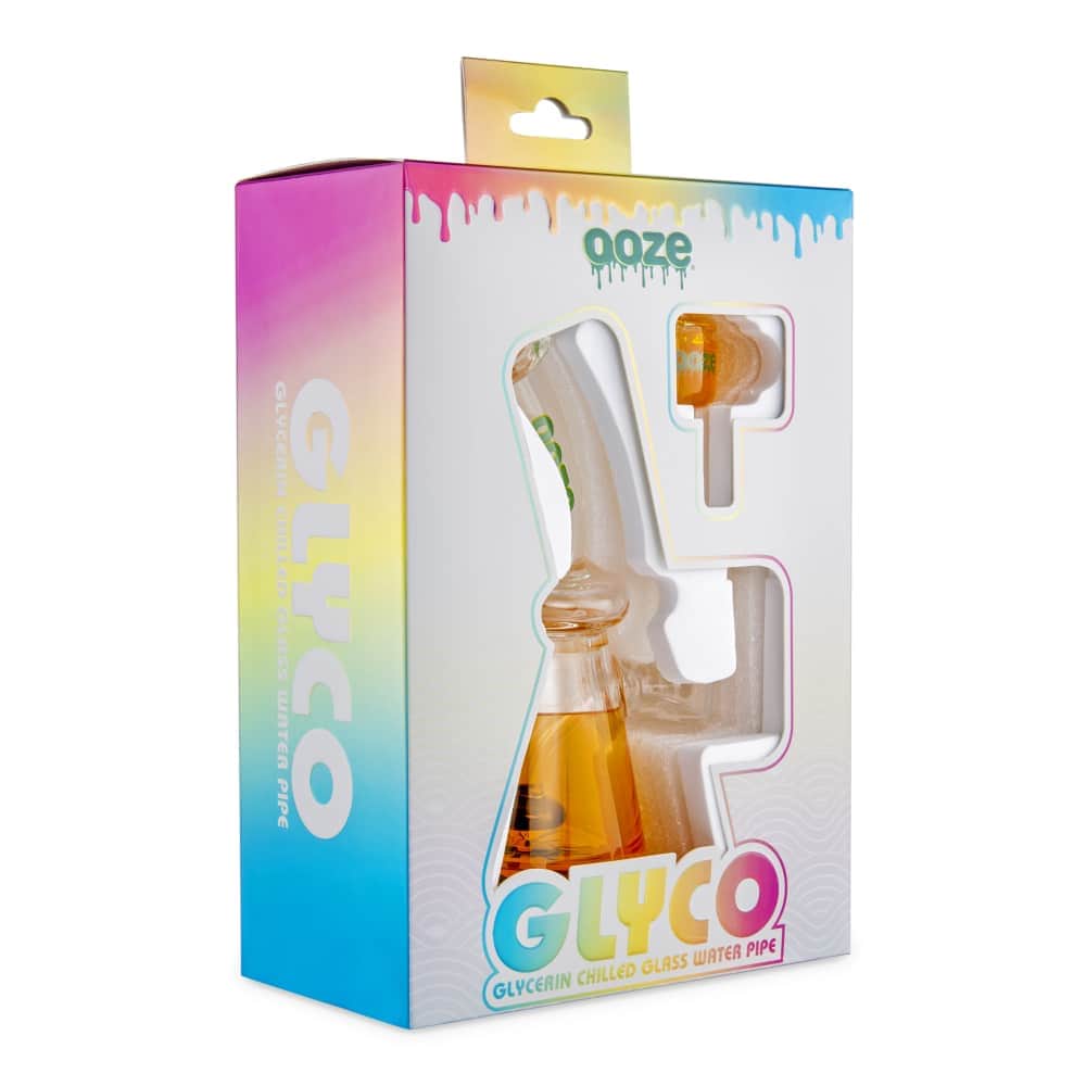 Front view of the Ooze Glyco Bong, a clear glass water pipe with a unique, curved design and frosted accents.