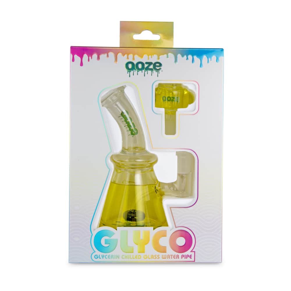 Front view of the Ooze Glyco Bong Glycerin Chilled Glass Water Pipe, showing a clear glass piece with a unique, curved design.