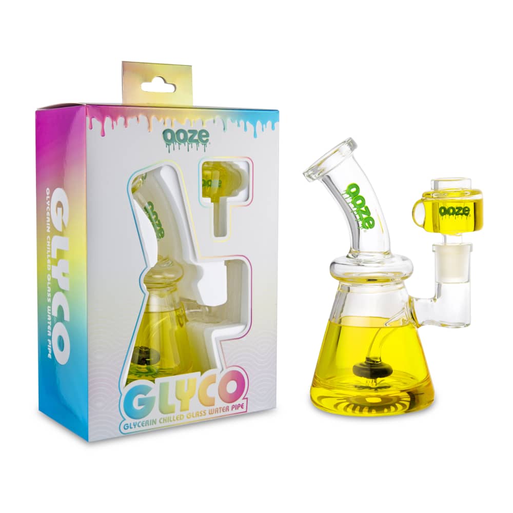 A front view of the Ooze Glyco Bong Glycerin Chilled Glass Water Pipe, showcasing its clear glass construction and unique design.