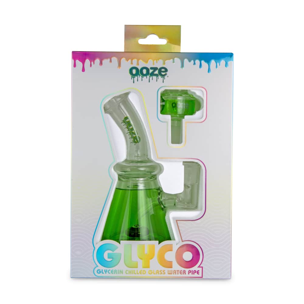 A front view of the Ooze Glyco Bong Glycerin Chilled Glass Water Pipe, showcasing its clear glass construction and unique, rounded shape.