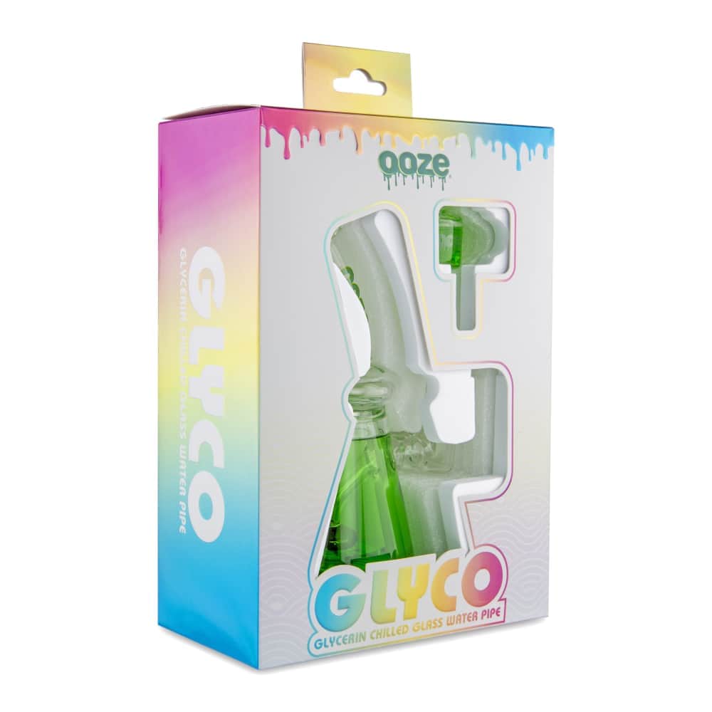 Front view of the Ooze Glyco Bong Glycerin Chilled Glass Water Pipe with a colorful, bubbly background.