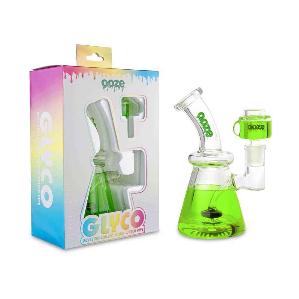 A front view of the Ooze Glyco Bong Glycerin Chilled Glass Water Pipe, featuring a vibrant green, uniquely shaped glass body.