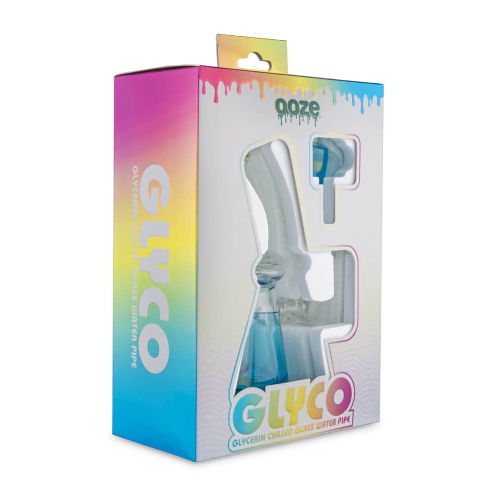 Front view of the Ooze Glyco Bong Glycerin Chilled Glass Water Pipe with a clear glass body and a unique, colorful design.