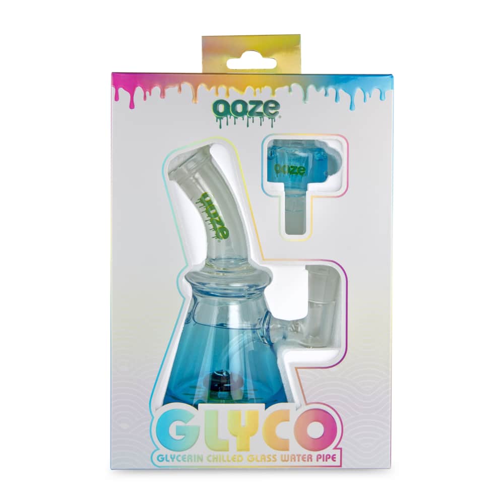 Front view of the Ooze Glyco Bong Glycerin Chilled Glass Water Pipe, showcasing its blue tinted glass and unique shape.