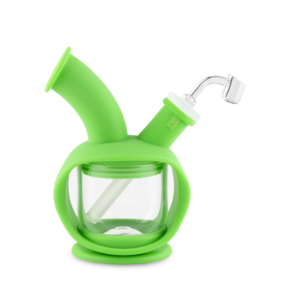 Front view of the Ooze Kettle Silicone Bubbler, a small, green water pipe with a clear glass bowl and rounded design.