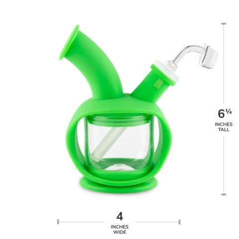 Front view of the Ooze Kettle Silicone Bubbler, a green, compact water pipe with a rounded base.