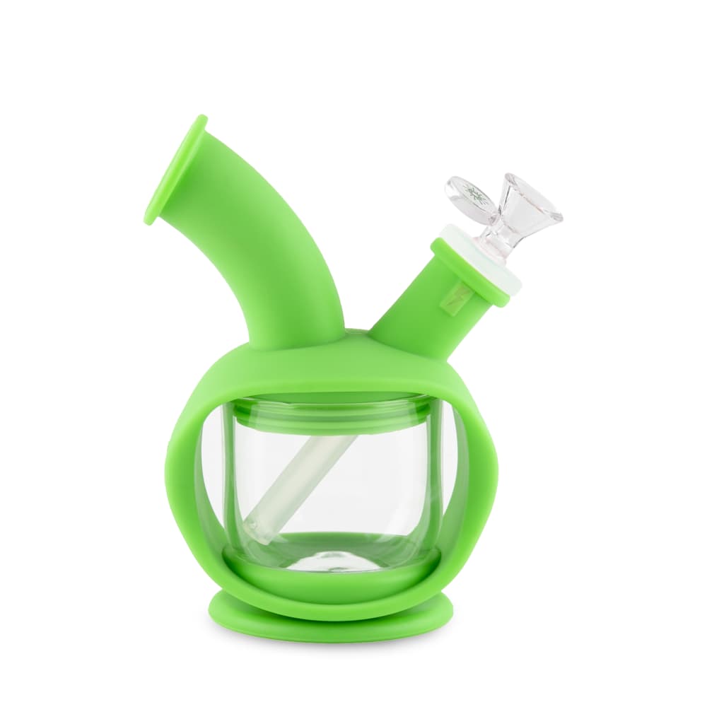 A front view of the Ooze Kettle Silicone Bubbler, showcasing its rounded shape and translucent green silicone material.