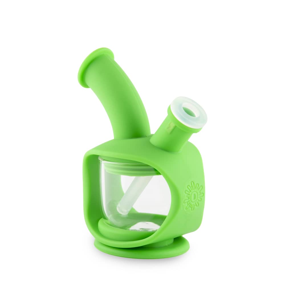 A three-quarter view of the Ooze Kettle Silicone Bubbler, showcasing its compact size and smooth, rounded design.