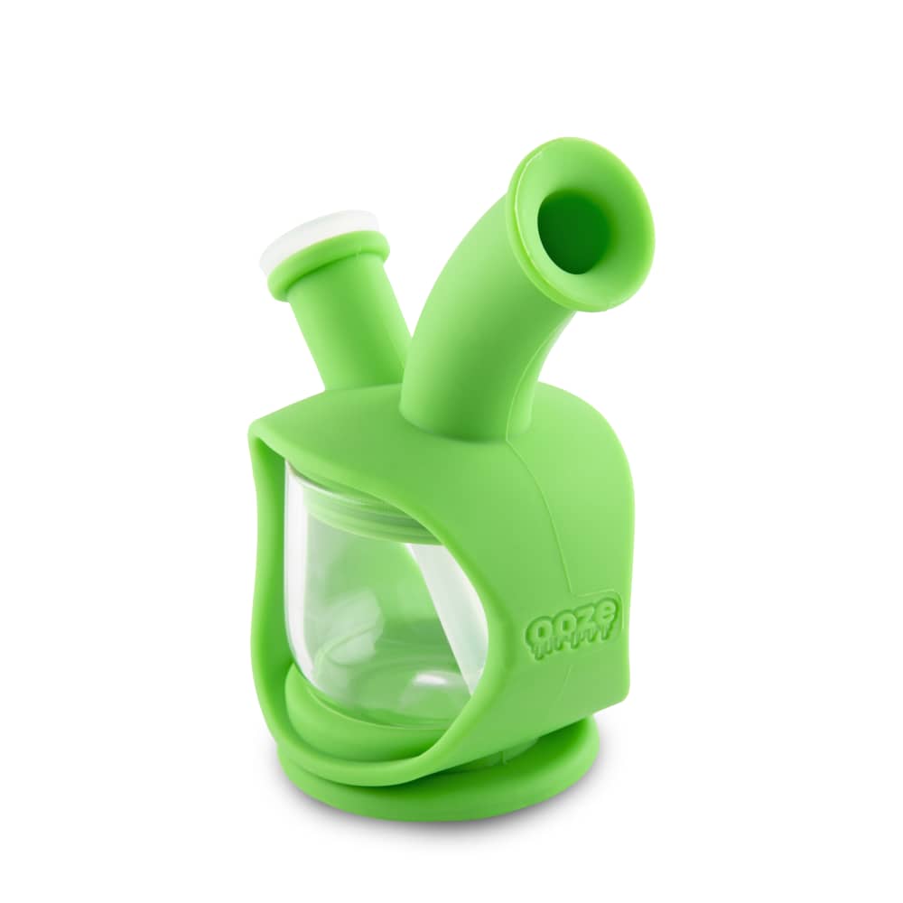 A front view of the Ooze Kettle Silicone Bubbler, showcasing its compact, green design against a plain white background.