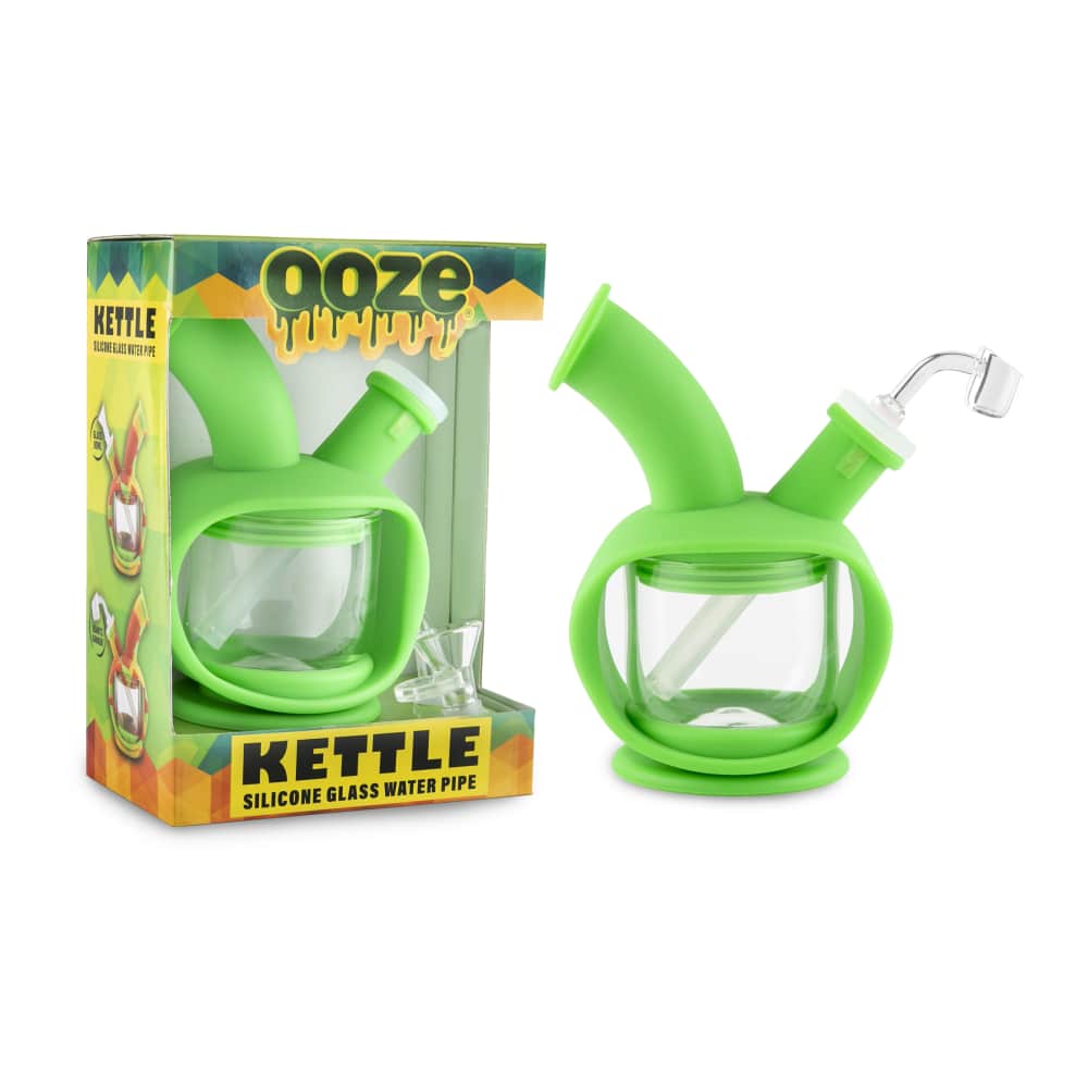 Front view of the Ooze Kettle Silicone Bubbler, a small, clear bubbler with a rounded shape and visible mouthpiece.