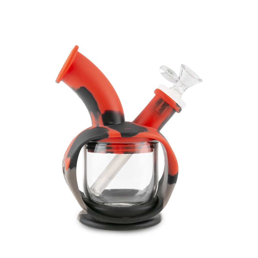 Front view of the Ooze Kettle Silicone Bubbler, showcasing its clear glass chamber and black silicone base on a white background.