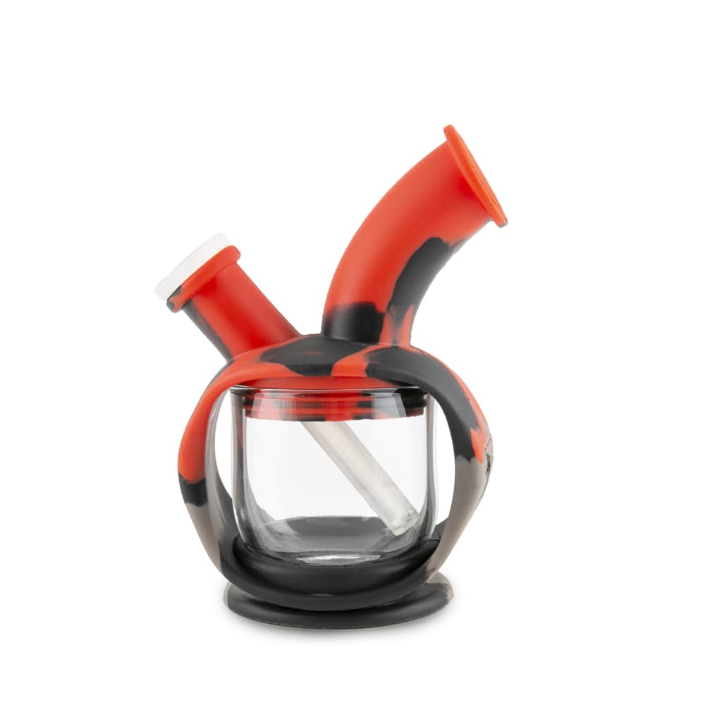 A front view of the Ooze Kettle Silicone Bubbler, showcasing its clear glass body and black silicone accents.