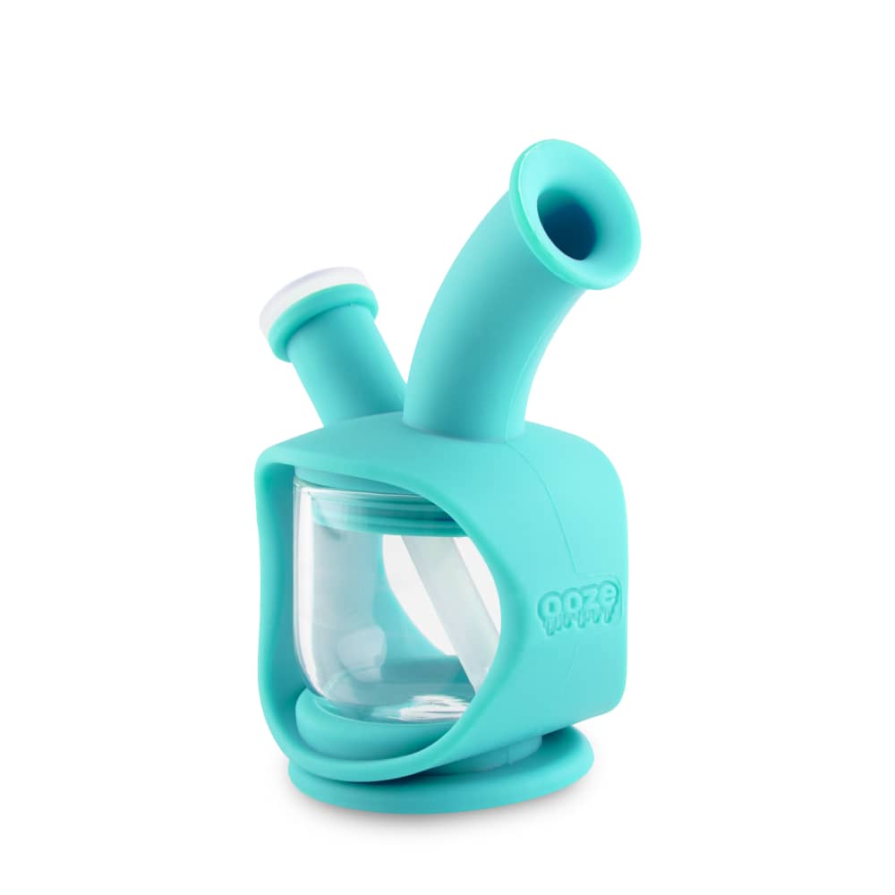 Front view of the Ooze Kettle Silicone Bubbler, showcasing its compact design and translucent teal coloring.