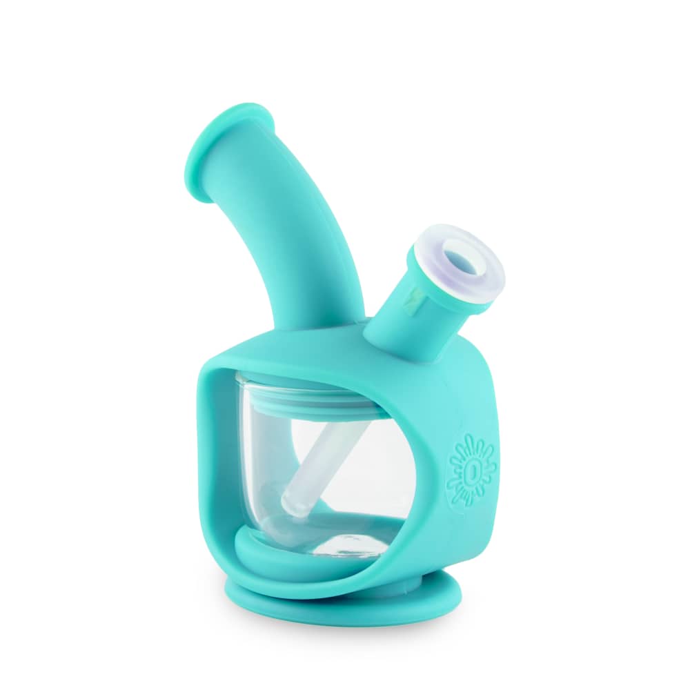 A three-quarter view of the Ooze Kettle Silicone Bubbler, showing its compact design and translucent material.