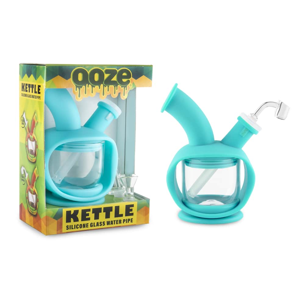 A studio shot of the Ooze Kettle Silicone Bubbler, angled to showcase its compact, rounded form and translucent material.