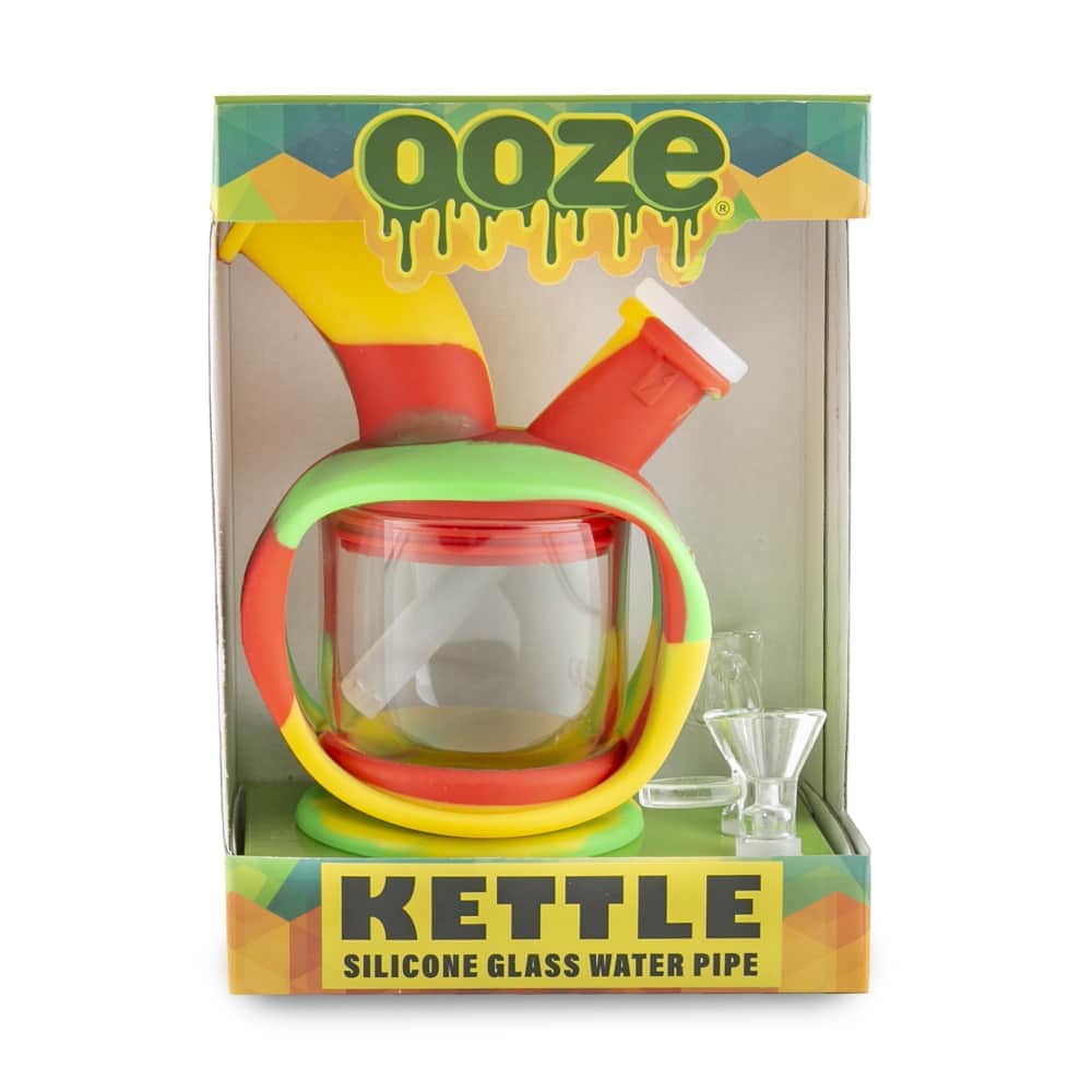 Front view of the Ooze Kettle Silicone Bubbler, showcasing its clear glass construction and compact size against a plain background.