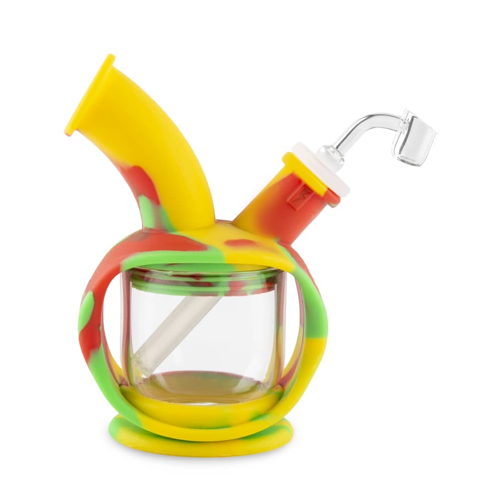 A close-up, angled view of the Ooze Kettle Silicone Bubbler, showing its colorful, compact design and clear glass downstem.